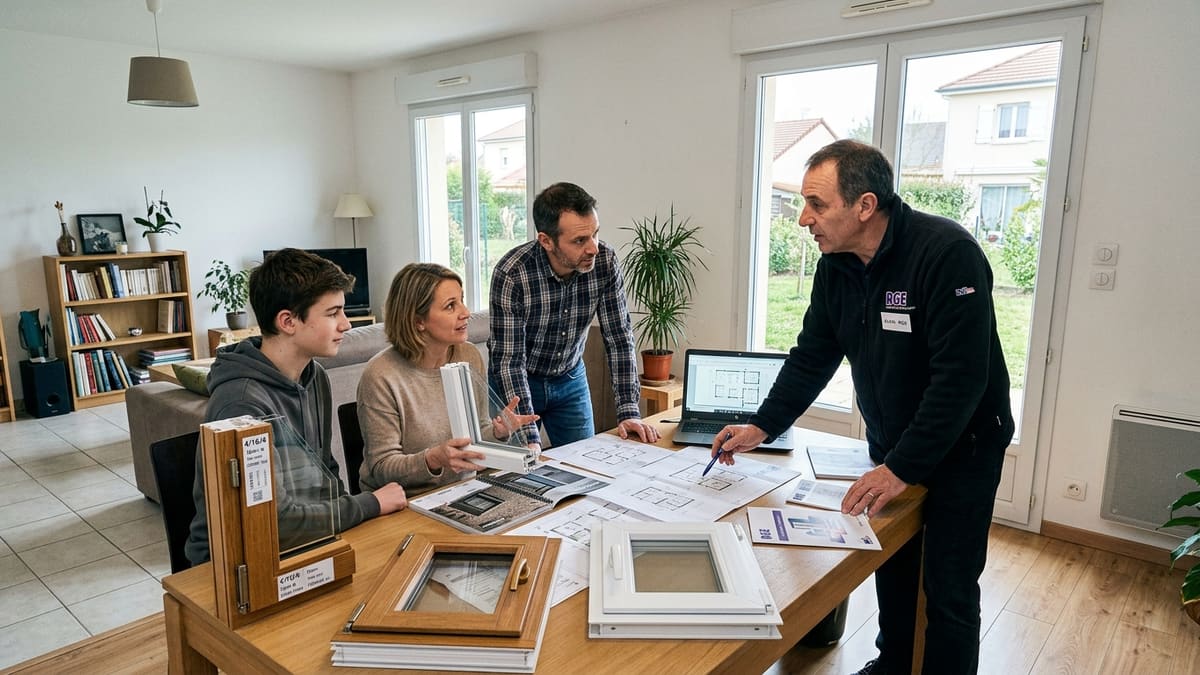 Famille française discutant de travaux de changement de fenêtres avec un artisan RGE